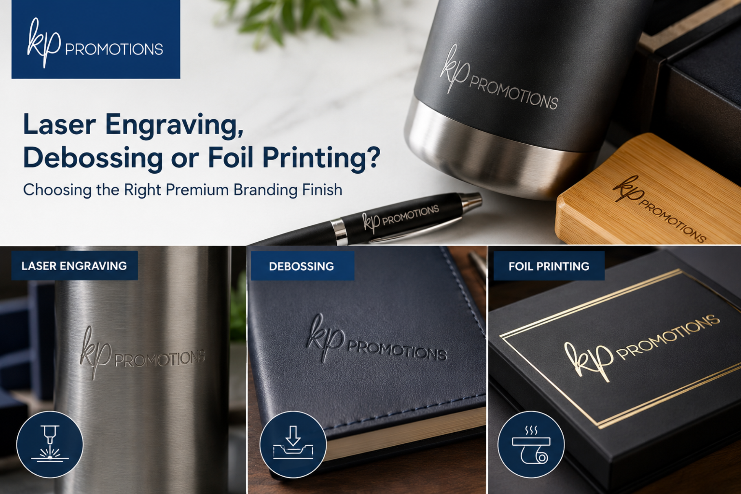 Premium promotional products featuring laser engraving, debossing and foil printing branding finishes