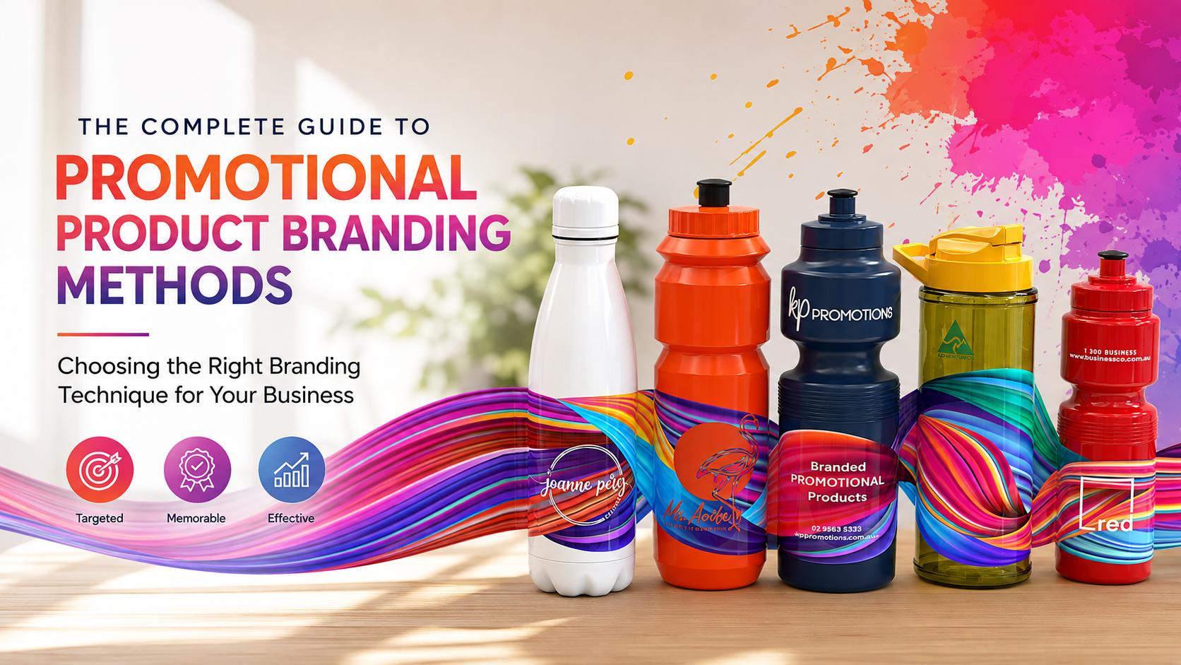 Custom branded promotional drink bottles showcasing different promotional product branding methods for businesses.