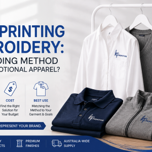 KP Promotions branded promotional apparel showcasing screen printing and embroidery branding methods, including polos, shirts, hoodies, jackets and caps.