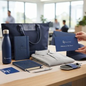 Corporate welcome pack with branded employee gifts, drinkware, stationery and workplace essentials for new employees.