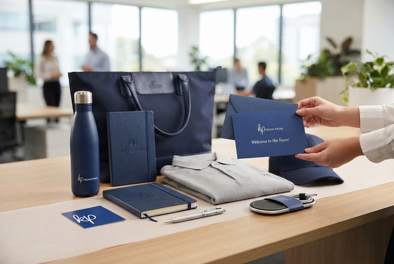 Corporate welcome pack with branded employee gifts, drinkware, stationery and workplace essentials for new employees.